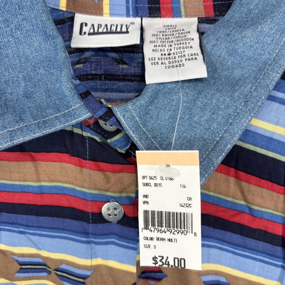 Capacity Men's Small Multi Striped Denim Collar‎ Button Down Long Sleeve Shirt - Picture 2 of 7